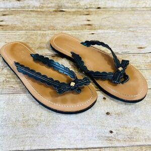 Kate Spade Scalloped Bow Flip Flop Sandals Black Leather Thong Flats Womens 8.5M